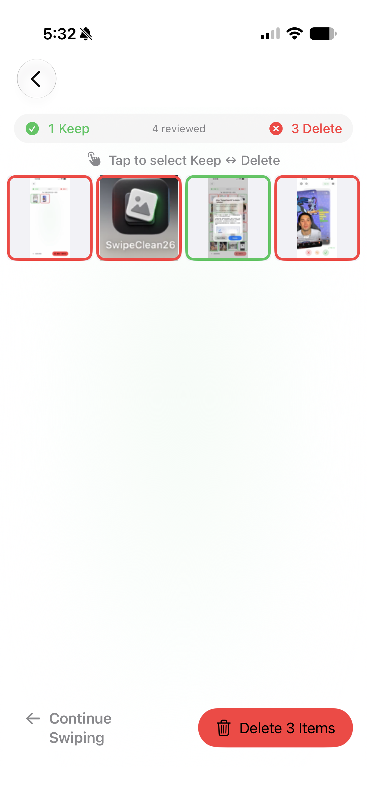 Review list showing which photos are kept and which are marked for deletion