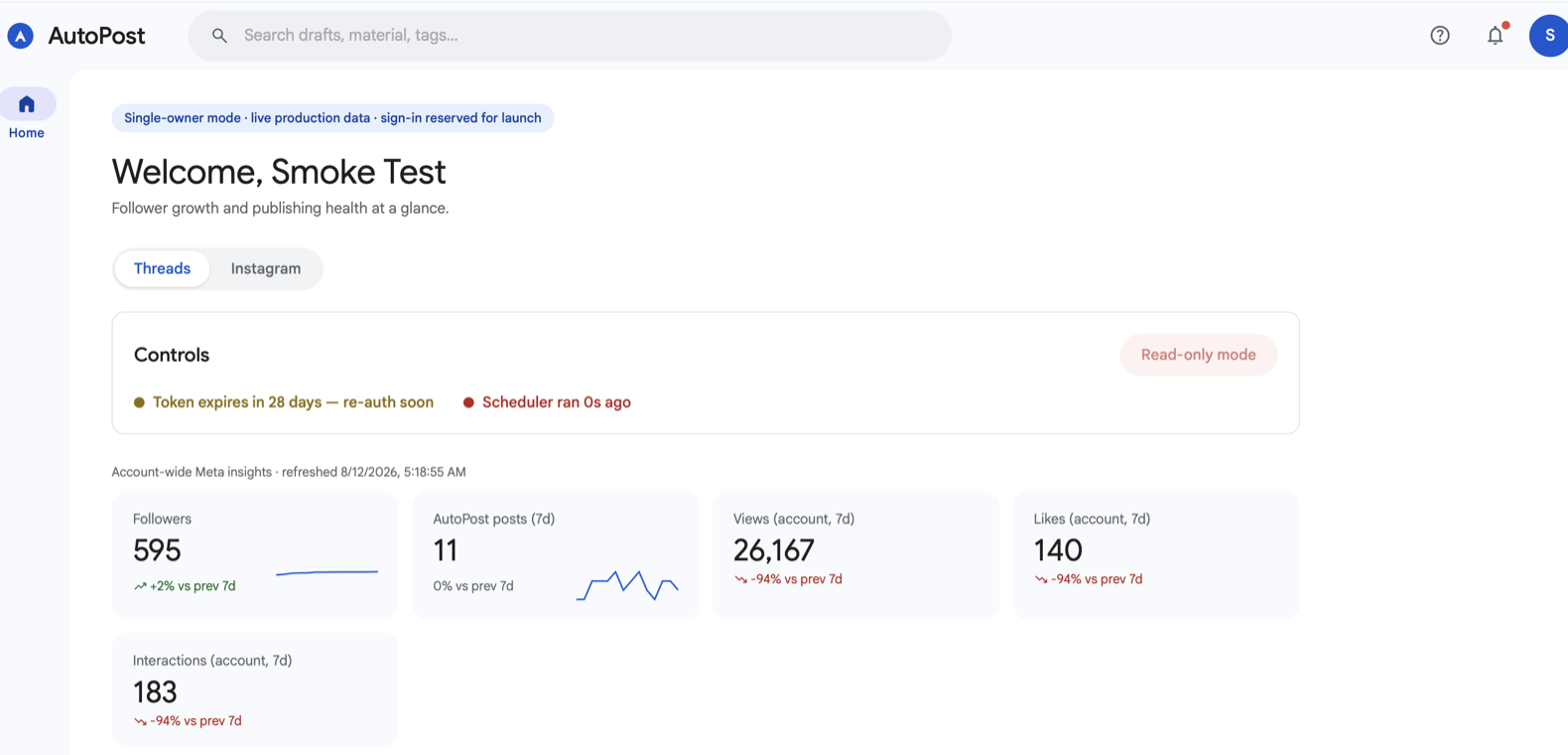 Autopost dashboard showing follower growth, publishing health and account insights