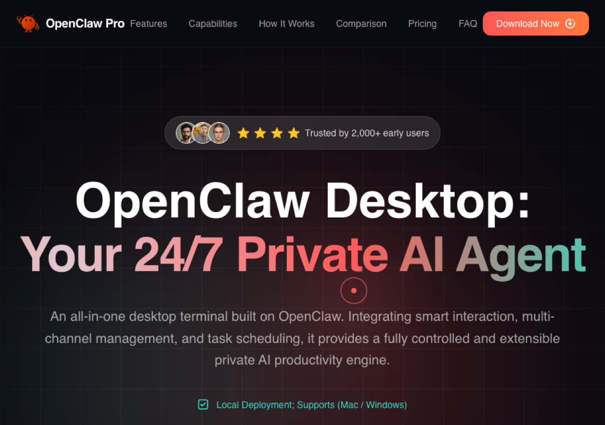 The OpenClaw desktop landing page — a private AI agent that runs on local hardware