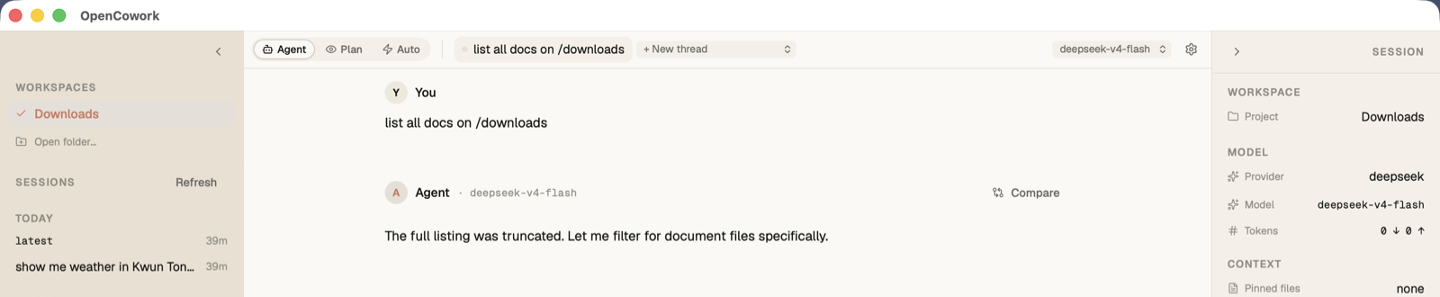 OpenCowork desktop app mid-task: the user asks it to list all documents in a folder and the agent works through the job