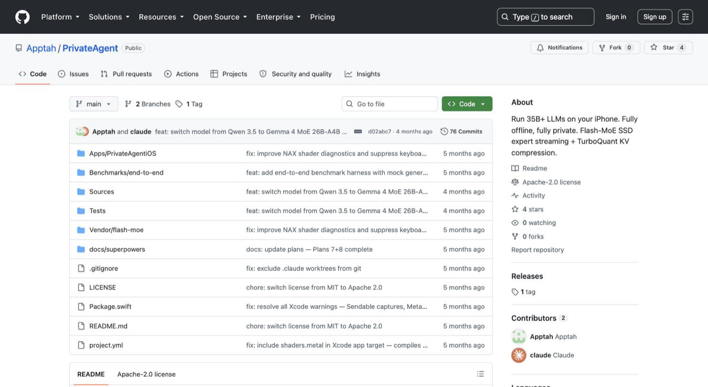 The PrivateAgent open-source repository: run 35B+ models on your iPhone, fully offline, fully private