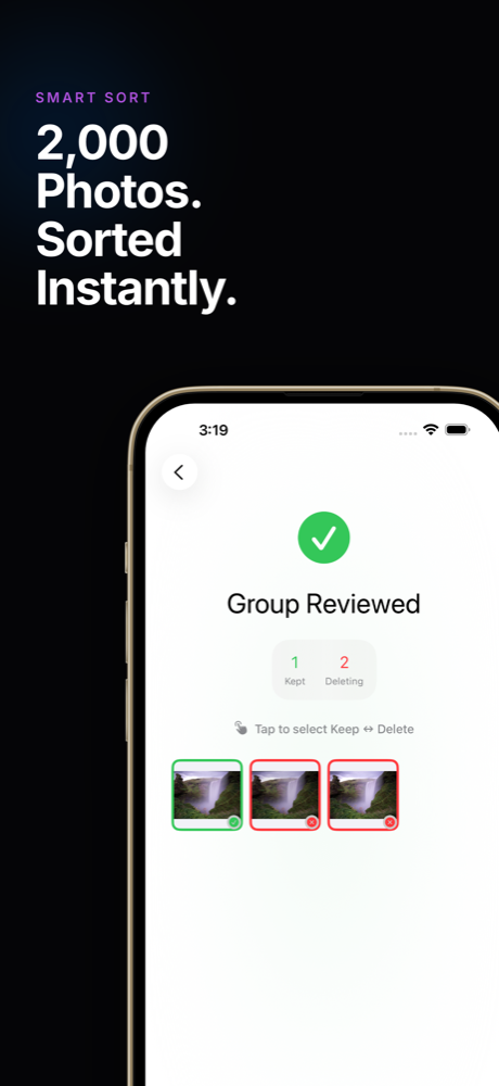 SwipeClean26 smart sort — two thousand photos grouped and reviewed instantly