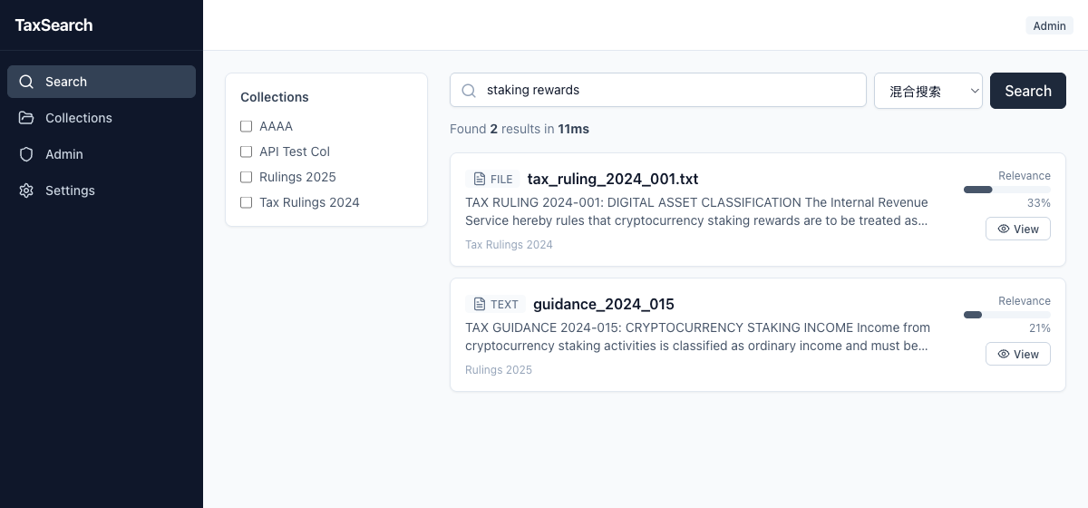 TaxSearch answering a plain-language query across private tax documents in eleven milliseconds